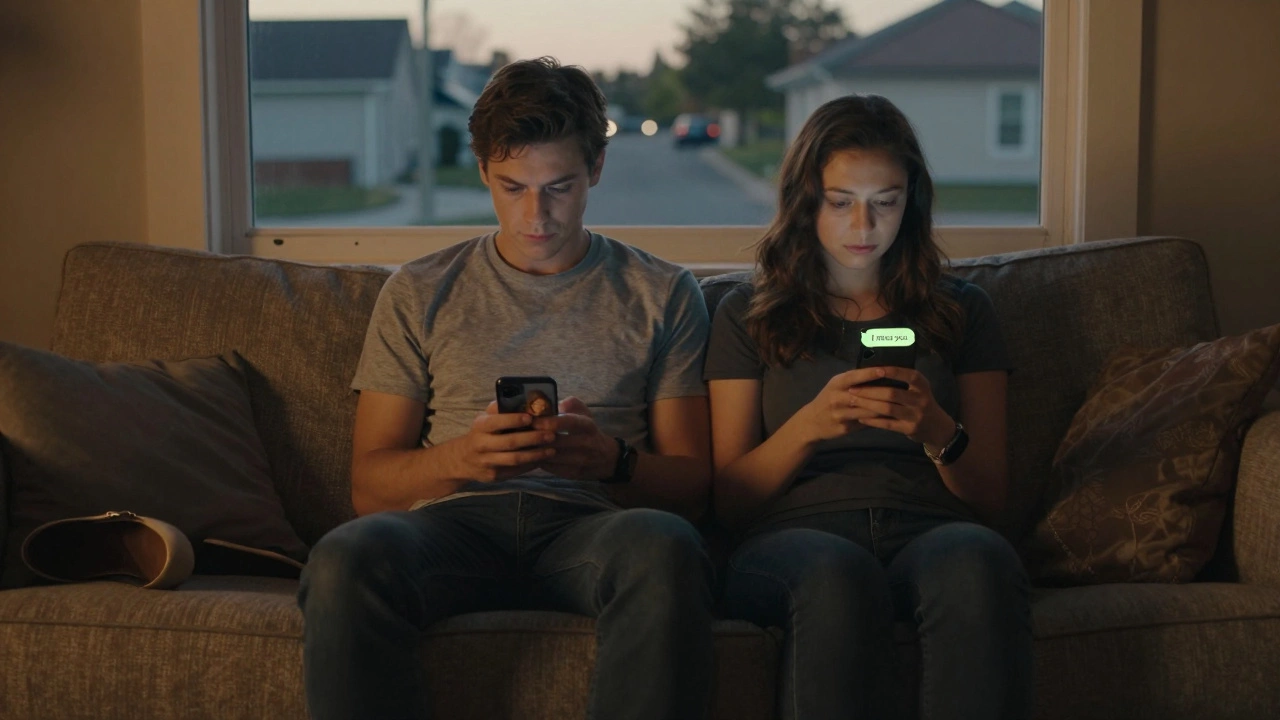 A couple on a couch, silently staring at their phones while golden light highlights their separation.
