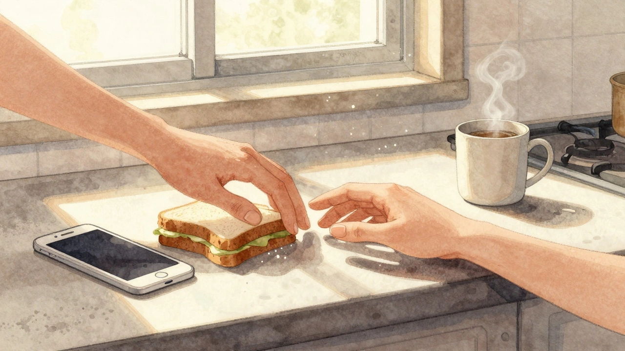 Two hands nearly touching across a kitchen counter, phone face-down, natural light warming the scene.